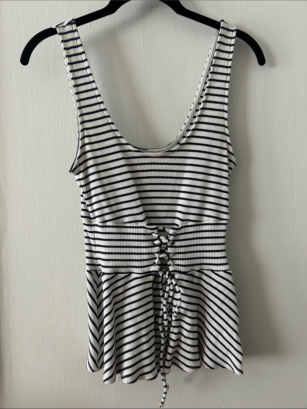 Express Black and White Striped Lace-Up Peplum Sleeveless Top